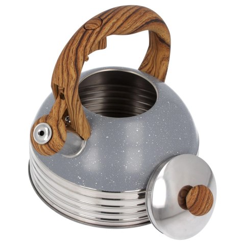 Czajnik stalowy z gwizdkiem na indukcję 2.5L szary marmurek uchwyt drewno BRUNBESTE BB-2477