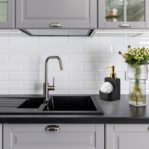 Dozownik do płynu do naczyń z pojemnikiem na gąbkę czarny GOLD 400ml VILDE 568007 Dozownik do płynu do naczyń z pojemnikiem na gąbkę czarny GOLD 400ml VILDE 568007