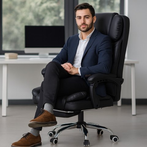 Fotel biurowy obrotowy MASTER PRESTIGE, podnóżek i masażer- ecoskóra czarny KO42CZ