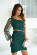 311-13 Krótka Sukienka Cekinowa Na Jedno Ramię - butelkowy