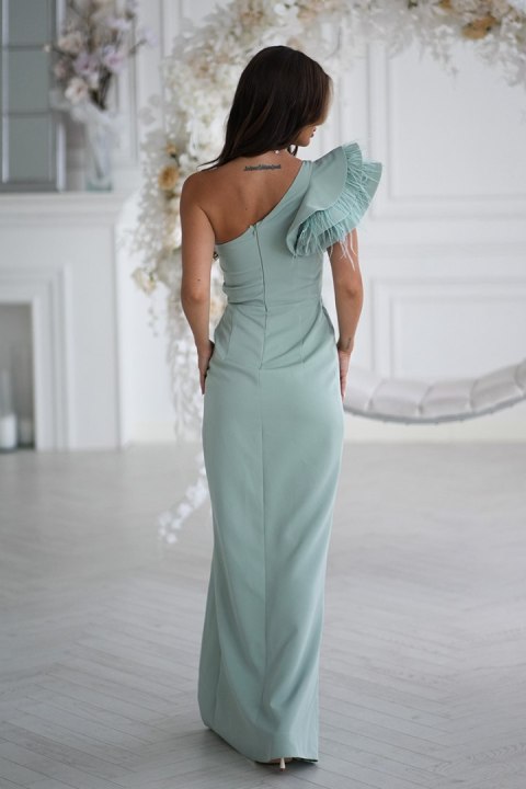 313-03 Długa Sukienka Z Piórkami Na Jedno Ramię - miętowy