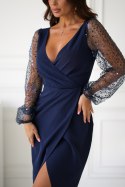 314-01 Sukienka Z Dwoma Cekinowymi Rękawami - Granatowy