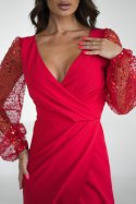 314-02 Sukienka Z Dwoma Cekinowymi Rękawami - czerwony
