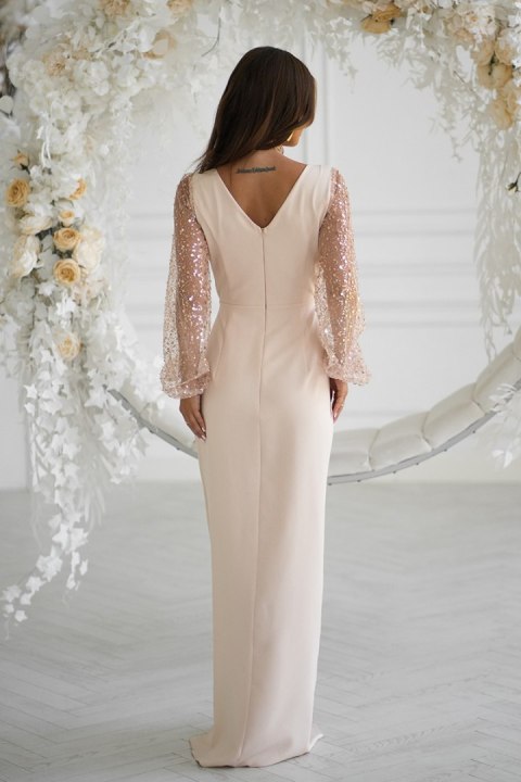 314-22 Sukienka Z Dwoma Cekinowymi Rękawami - beżowy