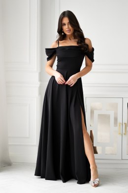 320-06 Sukienka Maxi Z Opadającymi Ramiączkami I Rozcięciem - czarny