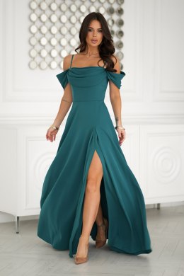 320-13 Sukienka Maxi Z Opadającymi Ramiączkami I Rozcięciem - zielony