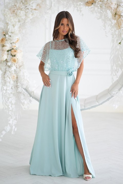333-03 Elegancka Sukienka Na Ramiączkach Z Cekinowym Bolerkiem - miętowy