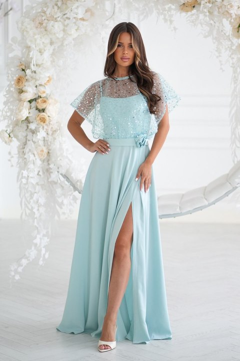 333-03 Elegancka Sukienka Na Ramiączkach Z Cekinowym Bolerkiem - miętowy