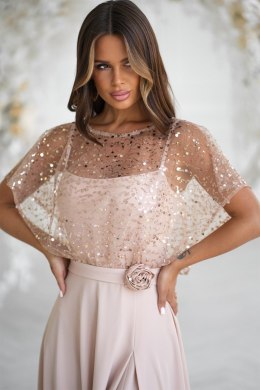 333-21 Elegancka Sukienka Na Ramiączkach Z Cekinowym Bolerkiem - beżowy