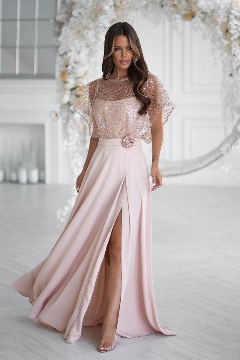 333-21 Elegancka Sukienka Na Ramiączkach Z Cekinowym Bolerkiem - beżowy