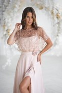 333-21 Elegancka Sukienka Na Ramiączkach Z Cekinowym Bolerkiem - beżowy