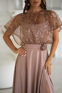 333-22 Elegancka Sukienka Na Ramiączkach Z Cekinowym Bolerkiem - CAMEL
