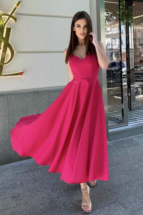 244-07 Sukienka Midi Na Ramiączkach - malinowy