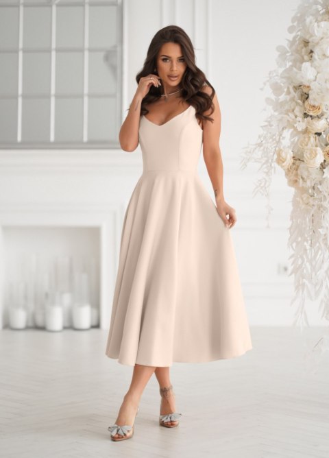 244-21 Sukienka Midi Na Ramiączkach - beżowy