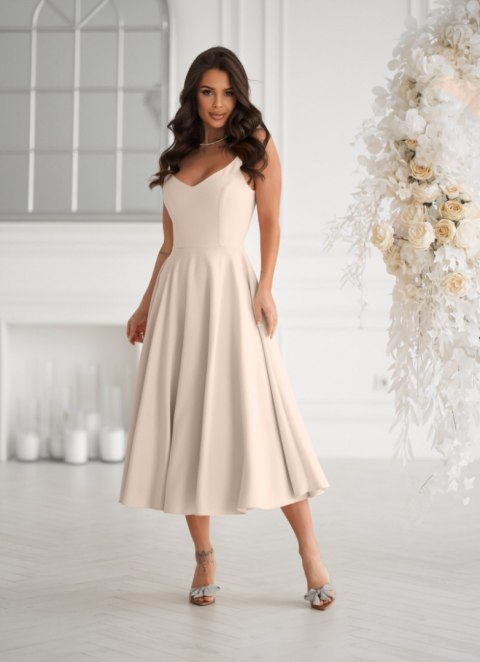 244-21 Sukienka Midi Na Ramiączkach - beżowy