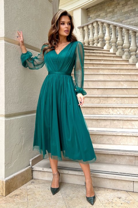 269-13 Sukienka Midi Z Brokatową Siatką - butelkowy