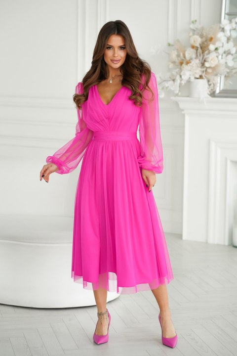 269-17 Sukienka Midi Z Brokatową Siatką - róż neonowy