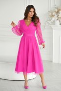 269-17 Sukienka Midi Z Brokatową Siatką - róż neonowy