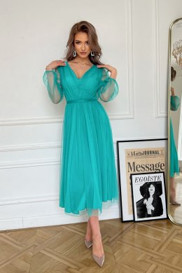 269-18 Sukienka Midi Z Brokatową Siatką - turkusowy