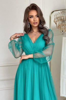 269-18 Sukienka Midi Z Brokatową Siatką - turkusowy