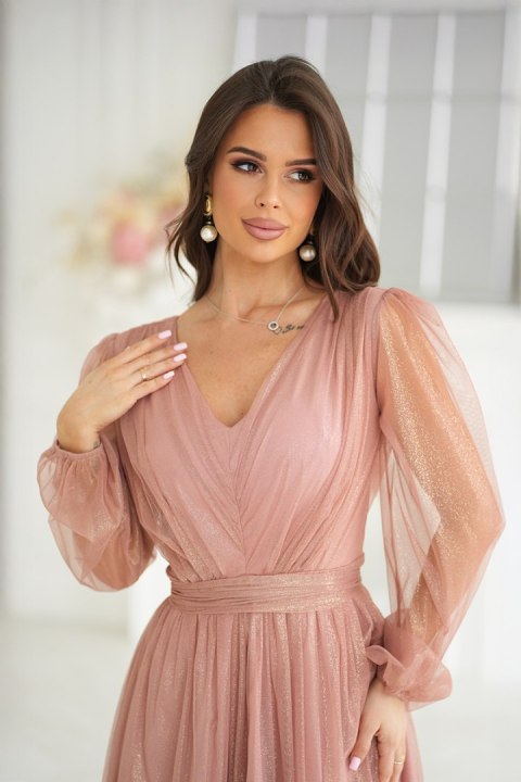 269-28 Sukienka Midi Z Brokatową Siatką - nude