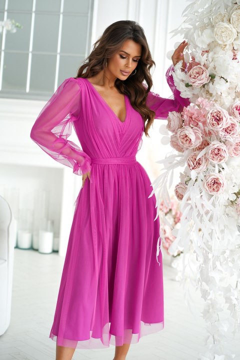 269-51 Sukienka Midi Z Brokatową Siatką - fioletowy