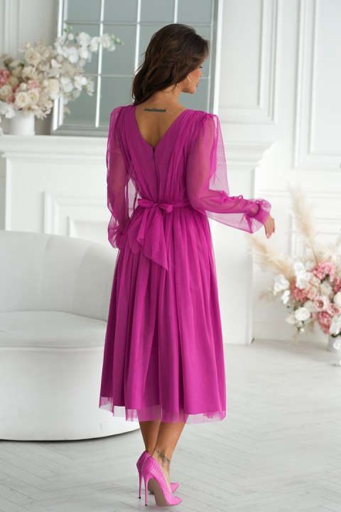 269-51 Sukienka Midi Z Brokatową Siatką - fioletowy