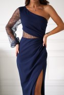 296-01 Sukienka Cekinowa Na Jedno Ramię - Granatowy