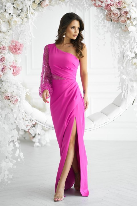 296-07 Sukienka Cekinowa Na Jedno Ramię - fuksja
