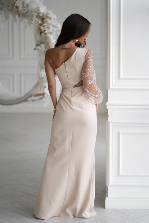 296-22 Sukienka Cekinowa Na Jedno Ramię - beżowy