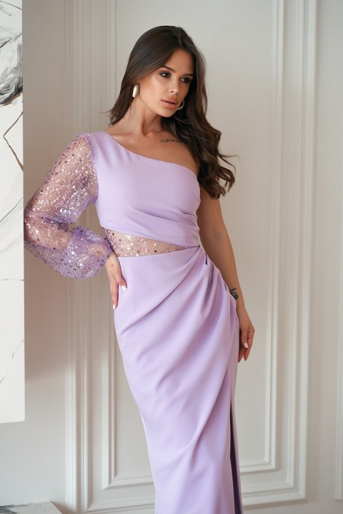 296-50 Sukienka Cekinowa Na Jedno Ramię - liliowy