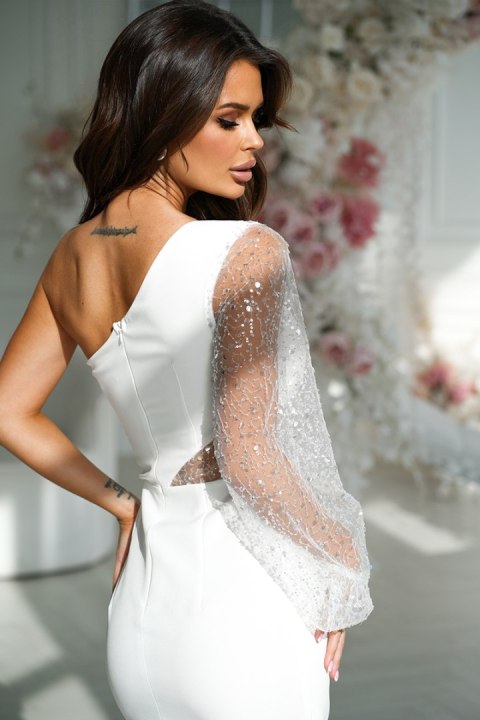 311-04 Krótka Sukienka Cekinowa Na Jedno Ramię - Ecru