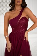 323-10 Sukienka Wieczorowa Z Cekinami I Rozcięciem - bordowy