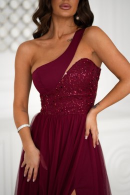 323-10 Sukienka Wieczorowa Z Cekinami I Rozcięciem - bordowy
