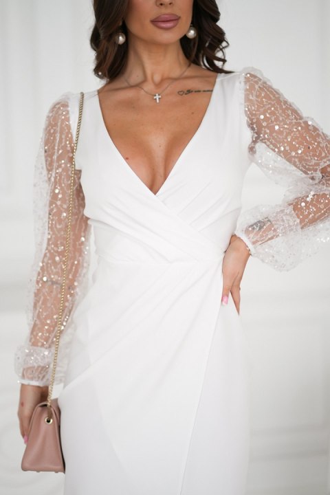 324-04 Sukienka Z Dwoma Cekinowymi Rękawami - Ecru