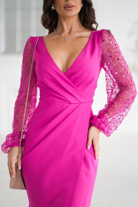 324-07 Sukienka Z Dwoma Cekinowymi Rękawami - fuksja