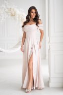 330-21 Elegancka Sukienka Z Drapowaniem, Rozcięciem I Błyszczącą Tkaniną - beżowy