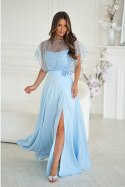 333-08 Elegancka Sukienka Na Ramiączkach Z Cekinowym Bolerkiem - Baby blue