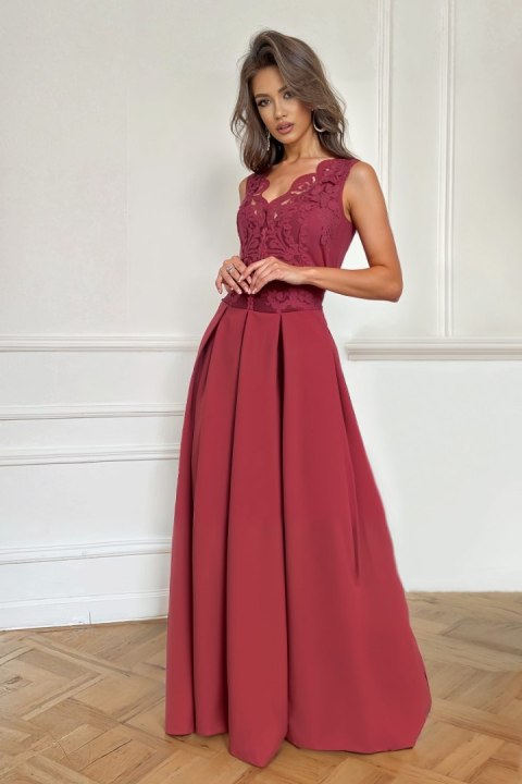 1014 Sukienka Wieczorowa Z Koronkową Górą - bordowy