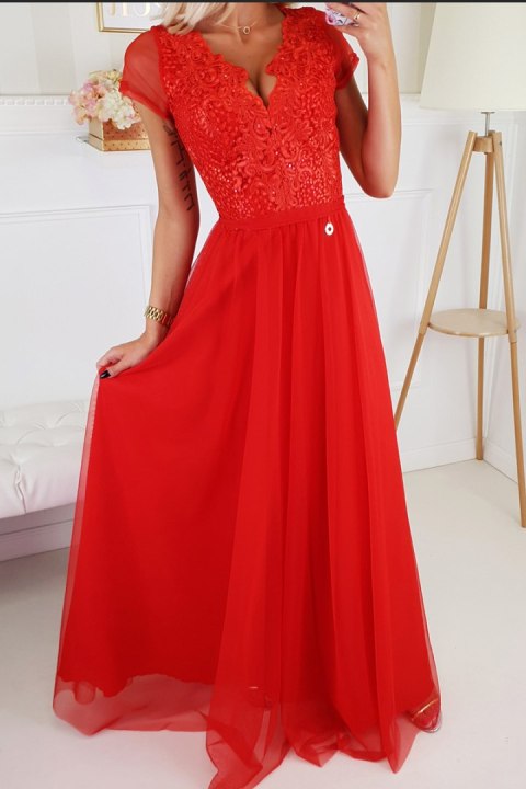 2187-02 Sukienka Z Długą Zwiewną Spódnicą - czerwony