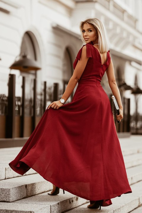 2231-10 Długa Sukienka Z Kokardami - bordowy