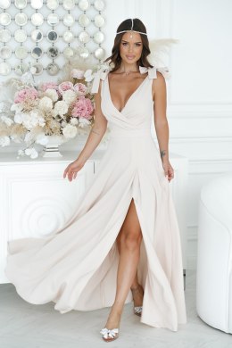 231-21 Długa Sukienka Z Kokardami - beżowy