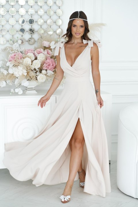 231-21 Długa Sukienka Z Kokardami - beżowy