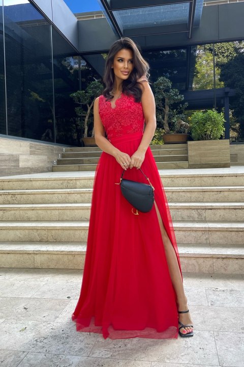 265-02 Sukienka Koronkowa Długa - czerwony