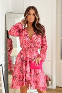 287-12 Sukienka Szyfonowa W Kwiaty - różowy