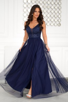 300-01 Długa Tiulowa Sukienka Na Ramiączkach - Granatowy