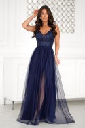 300-01 Długa Tiulowa Sukienka Na Ramiączkach - Granatowy