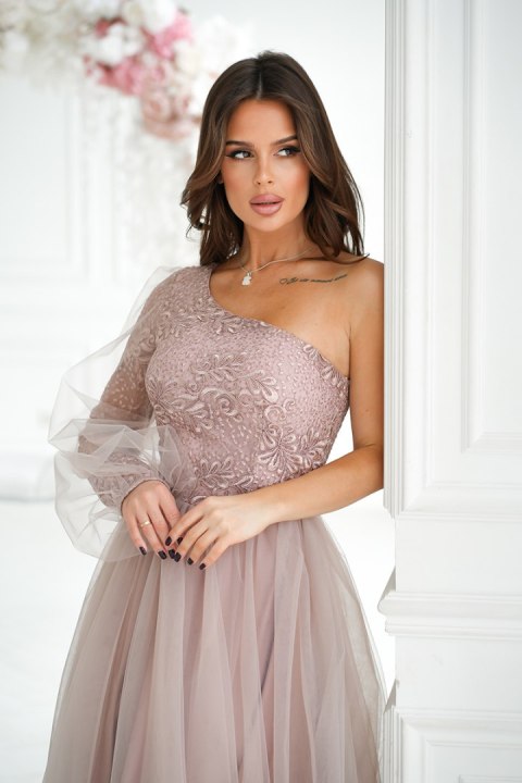 303-22 Sukienka Balowa Na Jedno Ramię - szampański