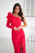 317-02 Długa Sukienka Z Różą - czerwony