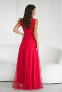 318-02 Długa Sukienka Z Paskiem Z Różyczką - czerwony